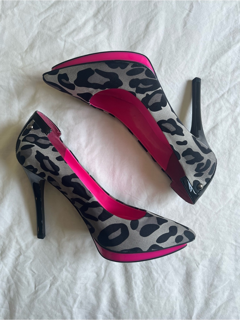 Guess Leopard Print Pointed Stiletto Pumps with Hot Pink Accents